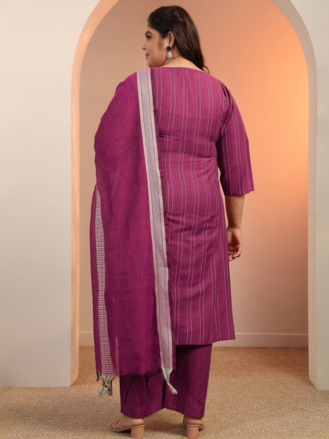 Plus Size Magenta Pink Woven Design cotton blend Straight Suit Set With Dupatta