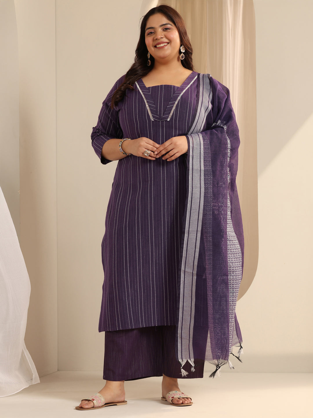 Plus Size Purple Woven Design Cotton Blend Straight Suit Set With Dupatta
