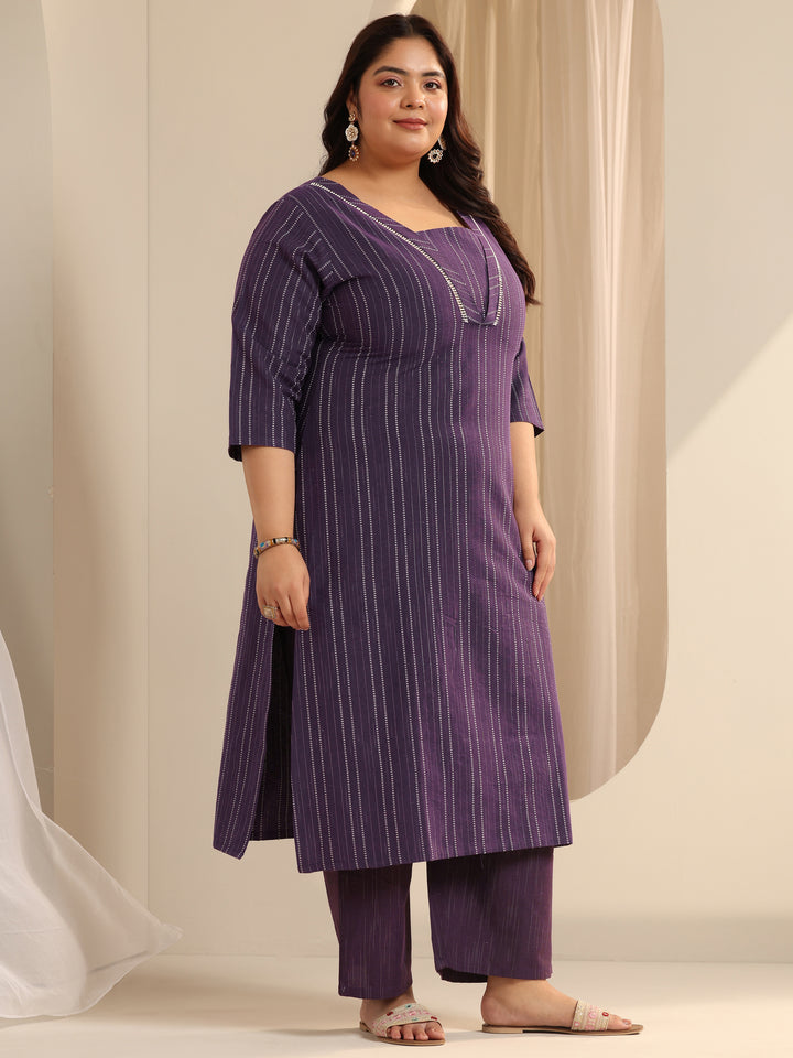 Plus Size Purple Woven Design Cotton Blend Straight Suit Set With Dupatta