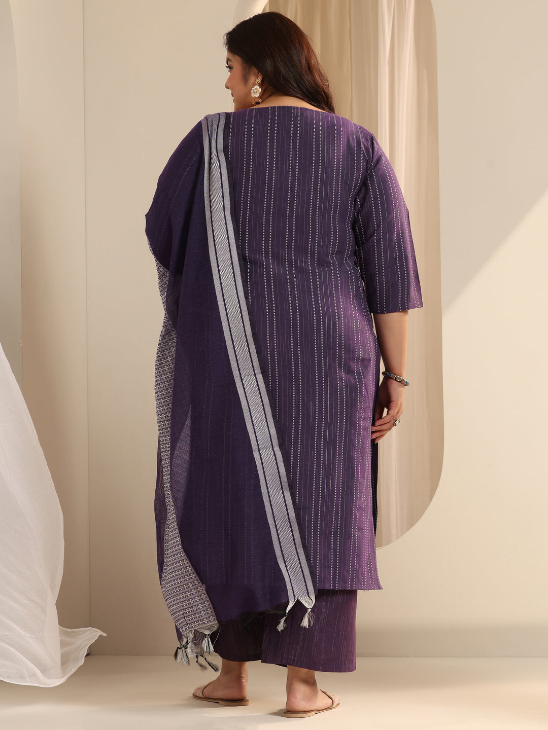 Plus Size Purple Woven Design Cotton Blend Straight Suit Set With Dupatta