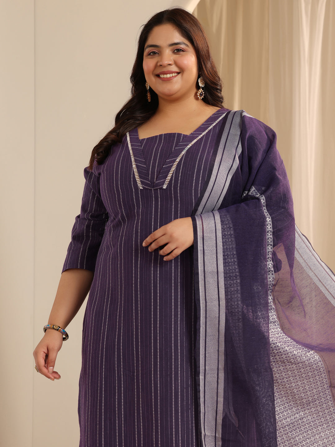 Plus Size Purple Woven Design Cotton Blend Straight Suit Set With Dupatta