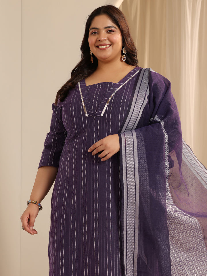 Plus Size Purple Woven Design Cotton Blend Straight Suit Set With Dupatta