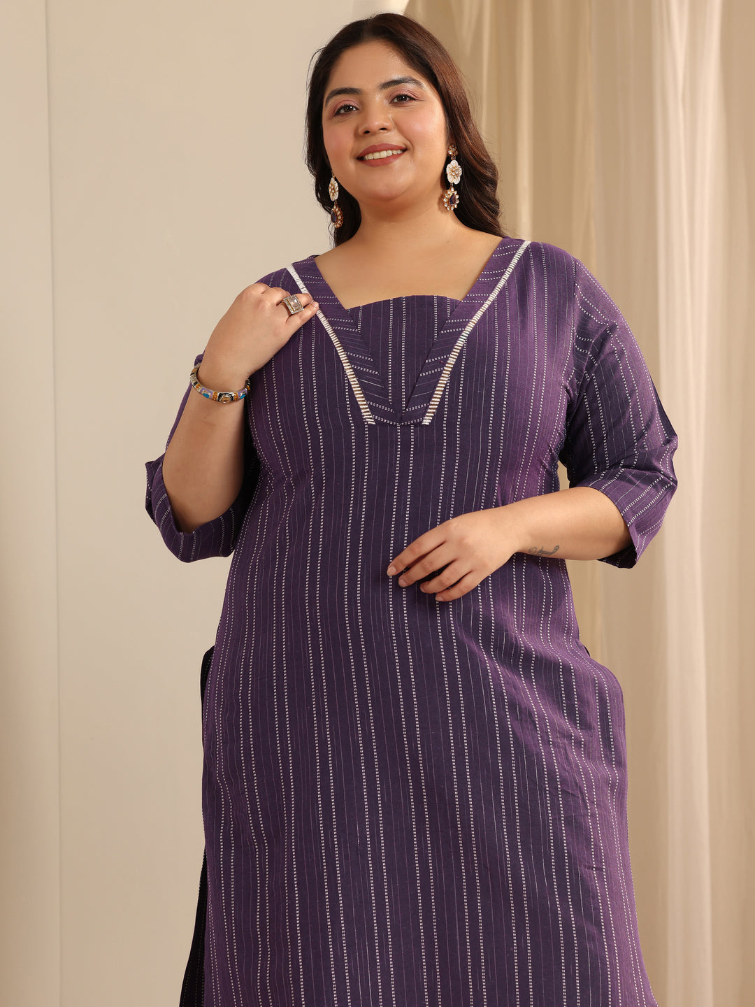 Plus Size Purple Woven Design Cotton Blend Straight Suit Set With Dupatta