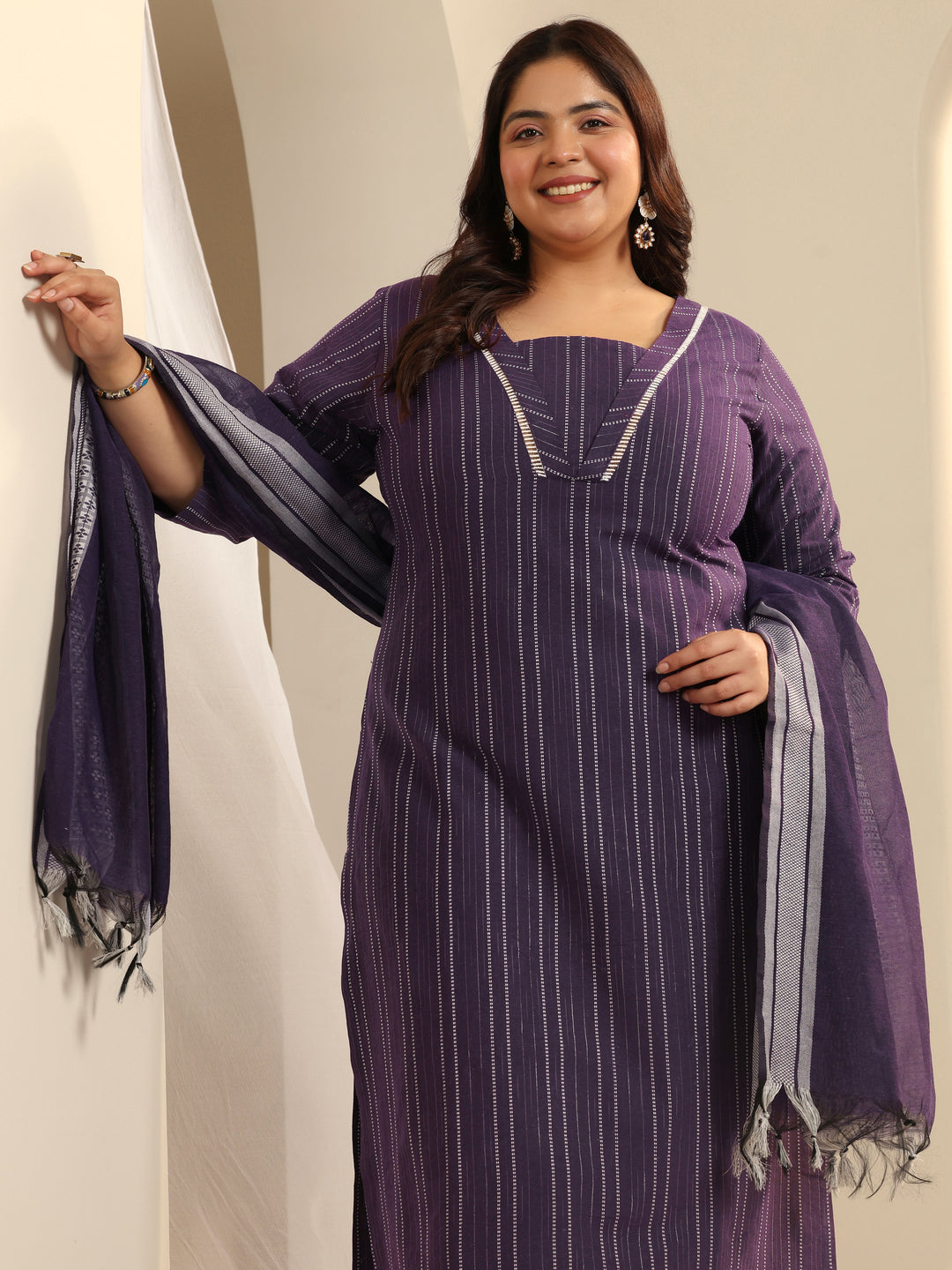 Plus Size Purple Woven Design Cotton Blend Straight Suit Set With Dupatta