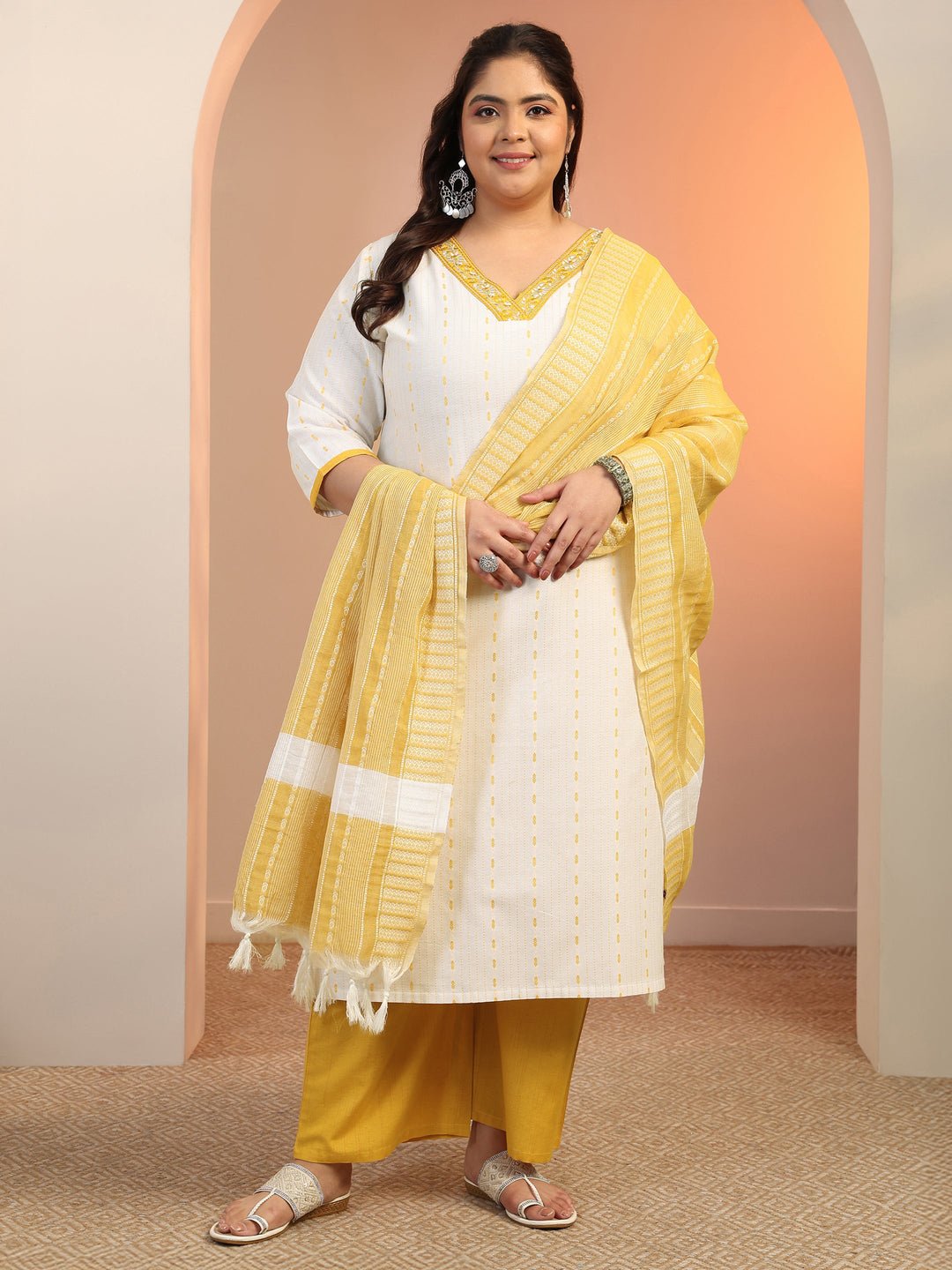 Plus Size White Woven Design cotton blend Straight Suit Set With Dupatta