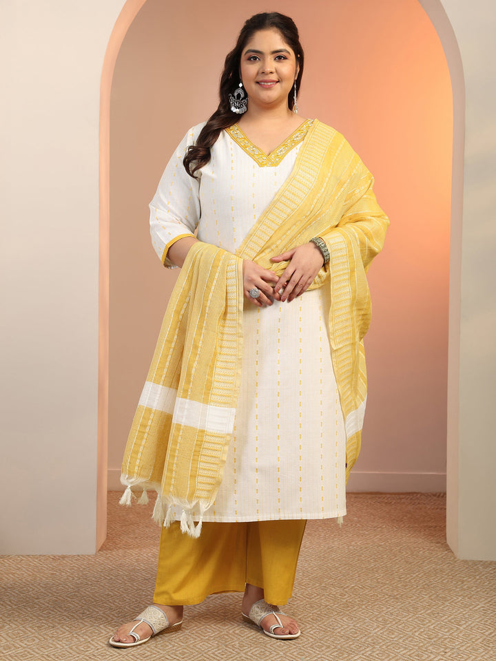 Plus Size White Woven Design cotton blend Straight Suit Set With Dupatta