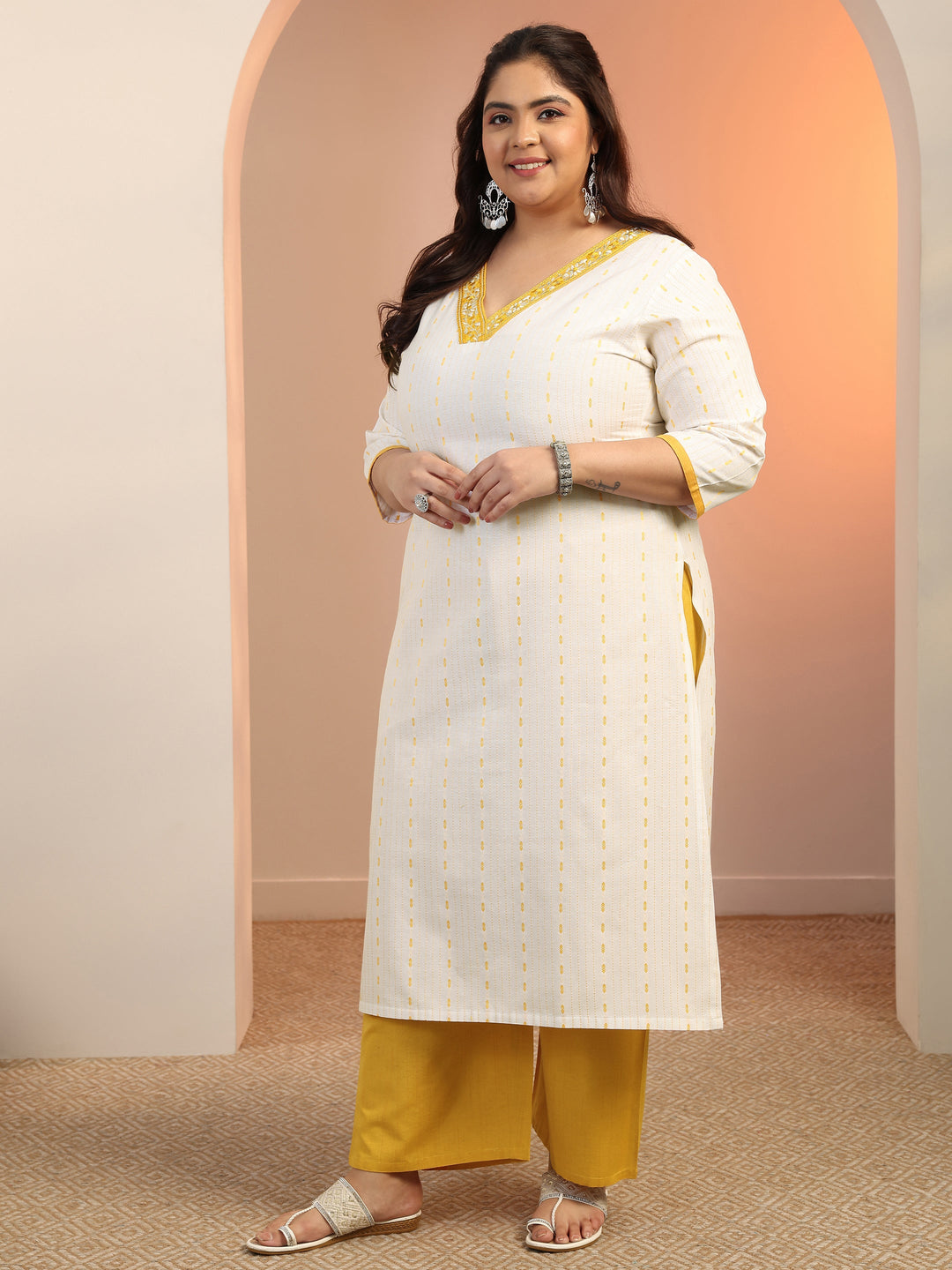 Plus Size White Woven Design cotton blend Straight Suit Set With Dupatta
