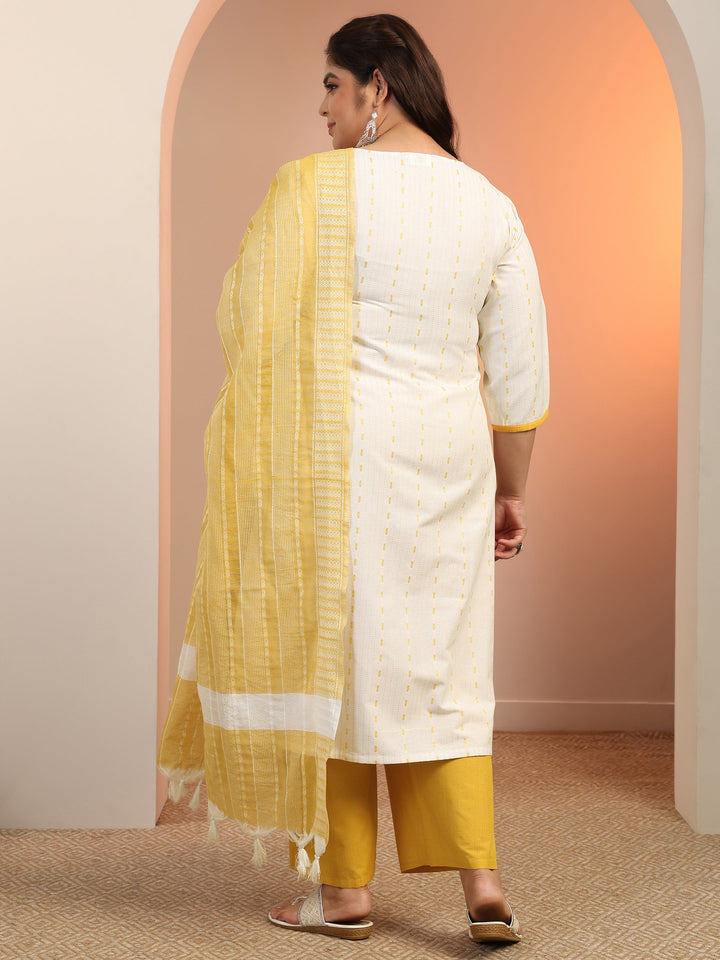 Plus Size White Woven Design cotton blend Straight Suit Set With Dupatta
