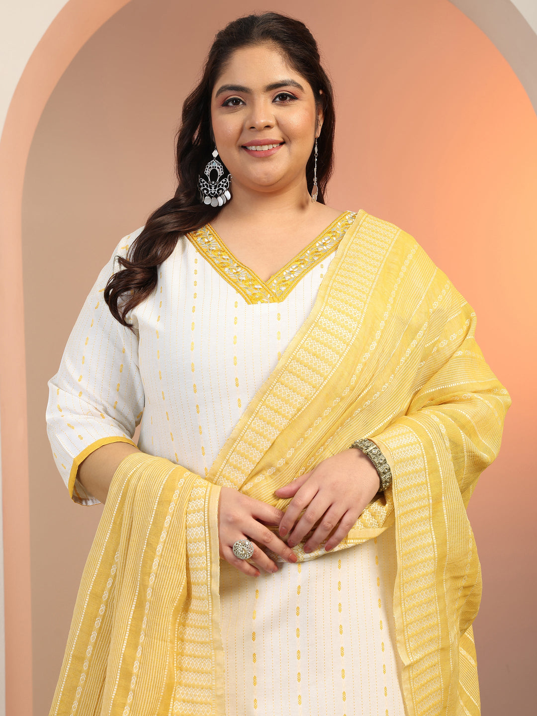 Plus Size White Woven Design cotton blend Straight Suit Set With Dupatta