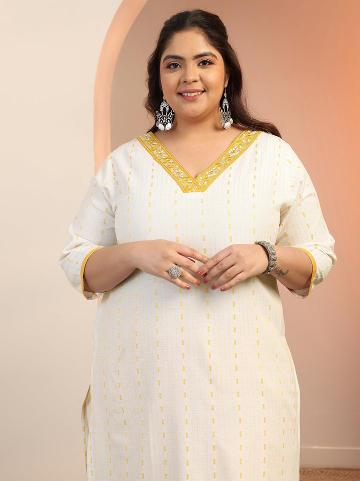 Plus Size White Woven Design cotton blend Straight Suit Set With Dupatta