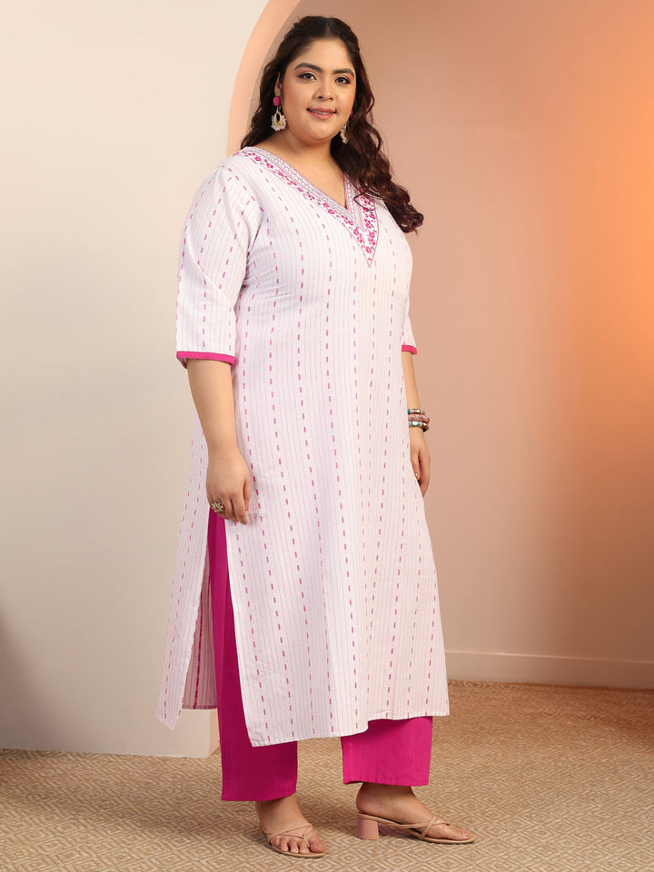 Plus Size White Woven Design Cotton Blend Straight Suit Set With Dupatta