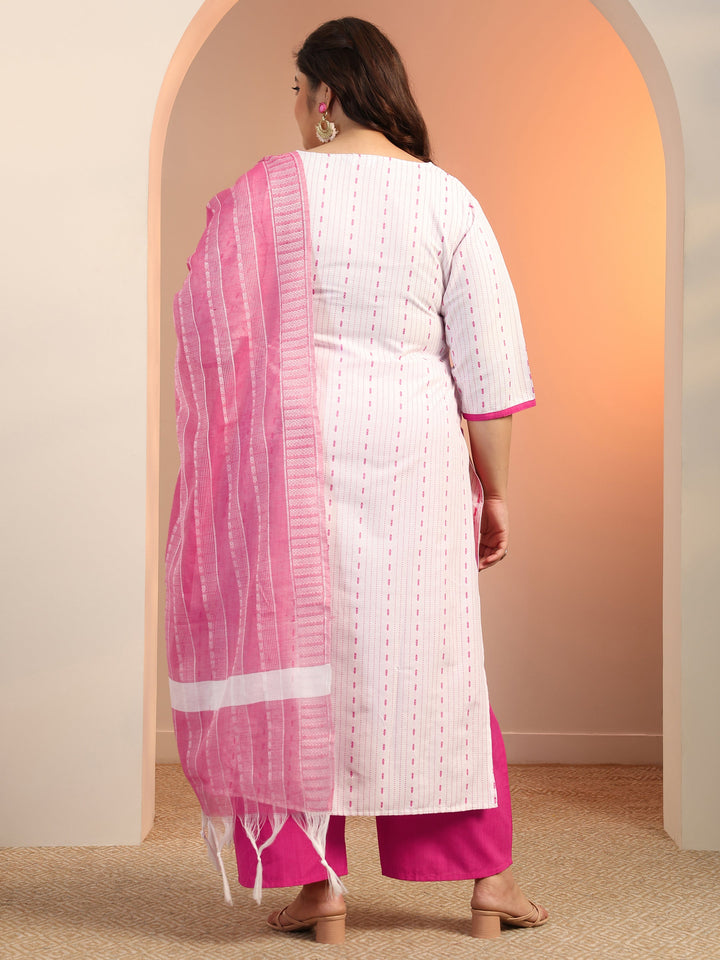 Plus Size White Woven Design Cotton Blend Straight Suit Set With Dupatta