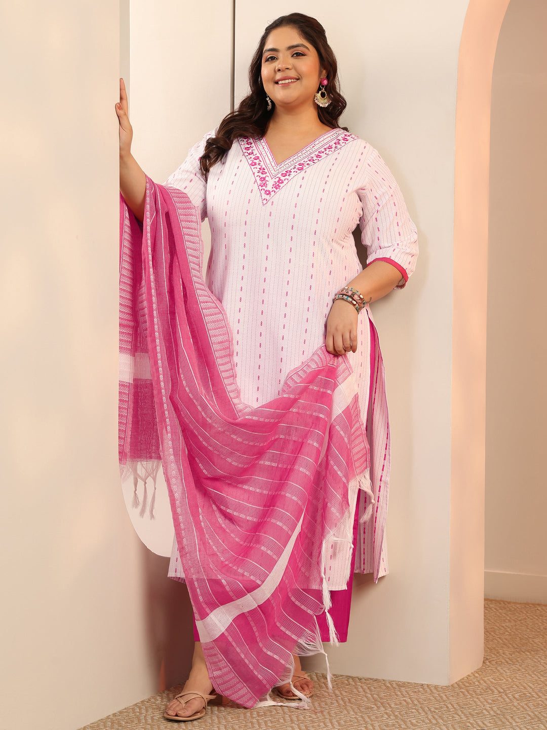 Plus Size White Woven Design Cotton Blend Straight Suit Set With Dupatta