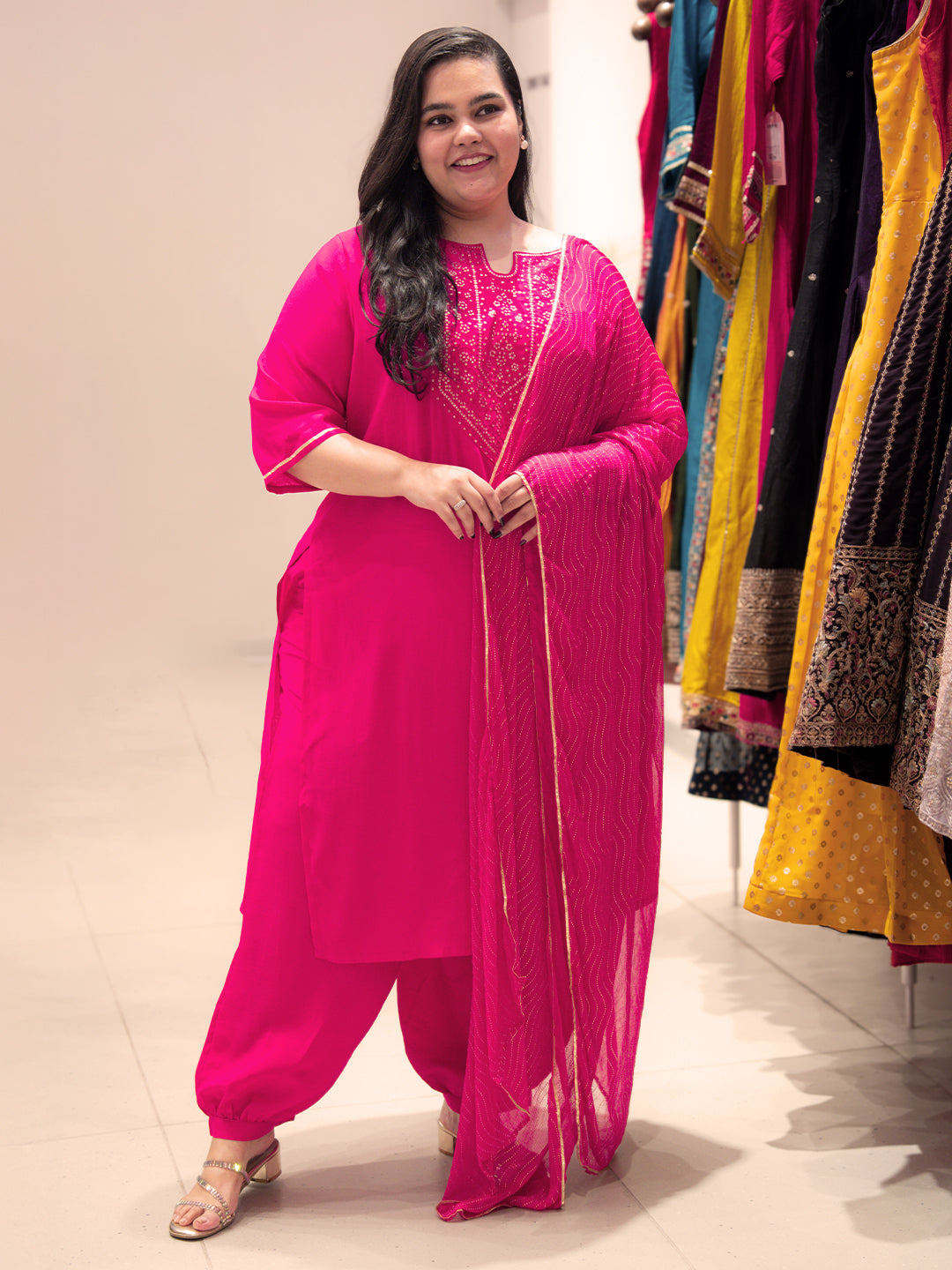 Plus Size Pink Embellished Silk Blend Straight Suit Set With Dupatta