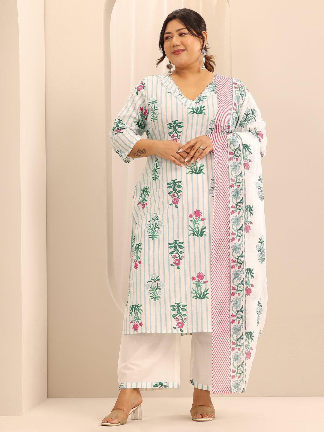 Plus Size Off White Printed Cotton Straight Suit Set With Dupatta