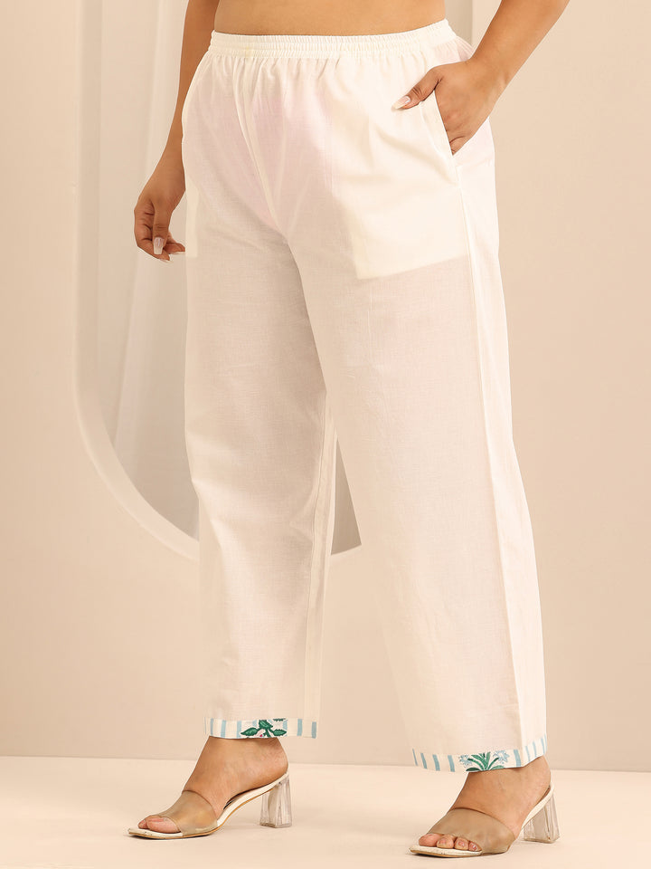 Plus Size Off White Printed Cotton Straight Suit Set With Dupatta