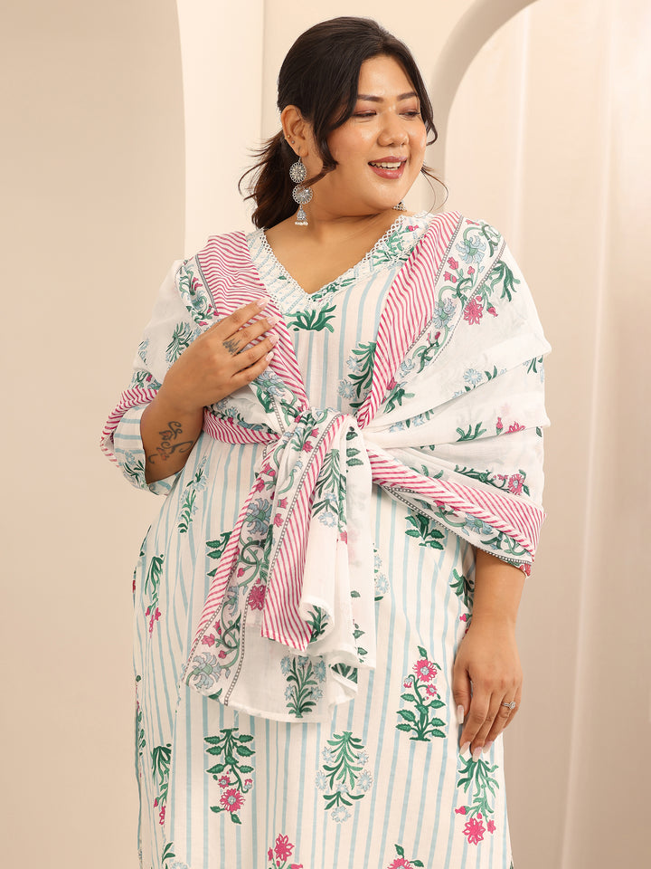 Plus Size Off White Printed Cotton Straight Suit Set With Dupatta
