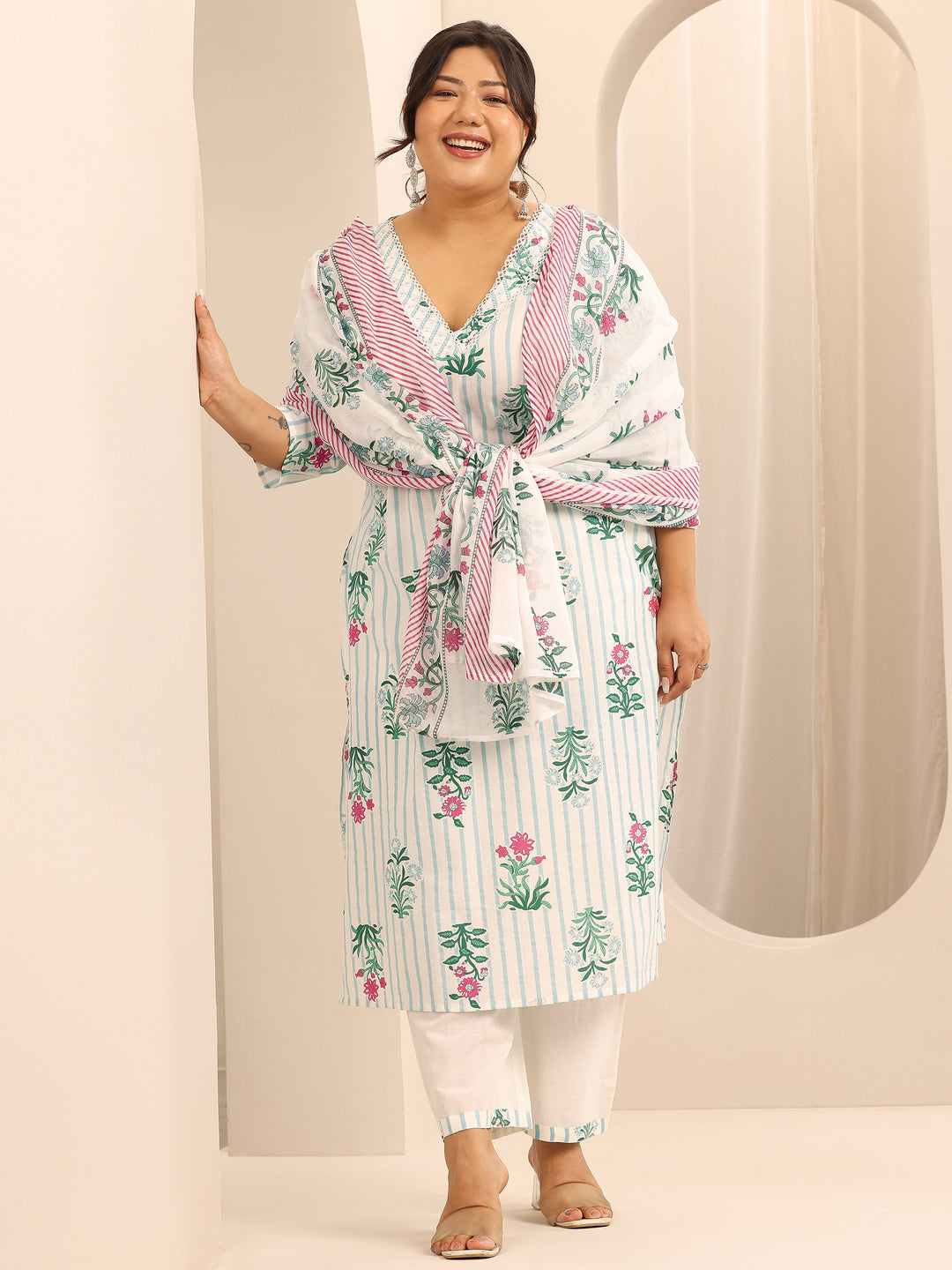 Plus Size Off White Printed Cotton Straight Suit Set With Dupatta