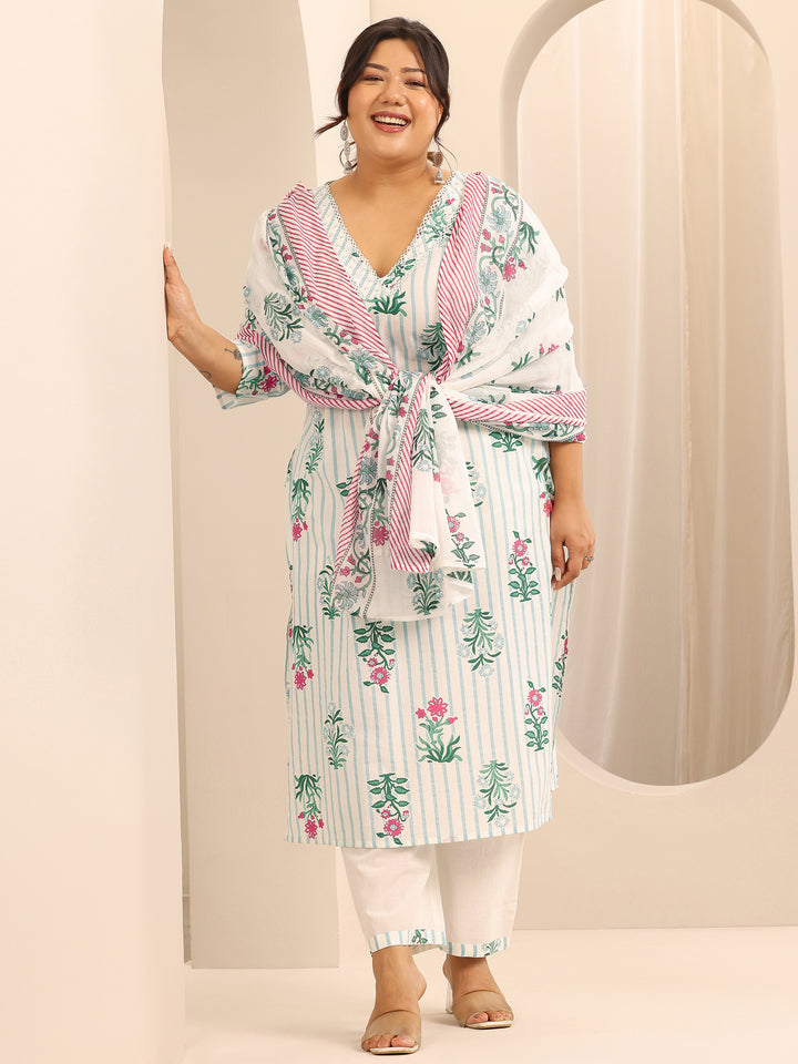 Plus Size Off White Printed Cotton Straight Suit Set With Dupatta