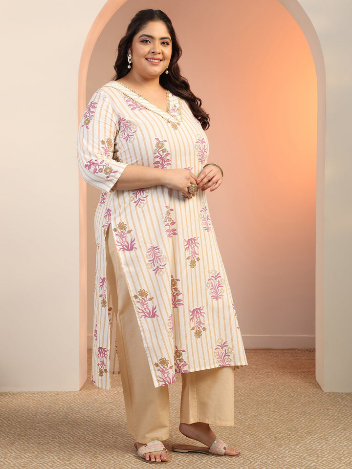 Plus Size Off White Floral Printed Cotton Straight Suit Set With Dupatta