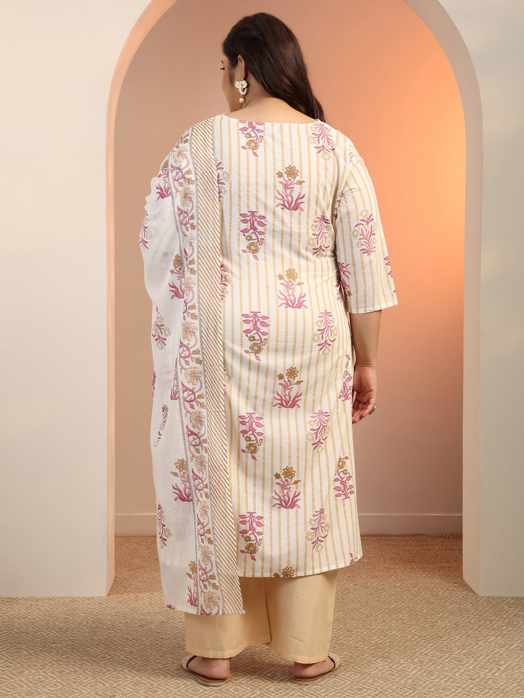 Plus Size Off White Floral Printed Cotton Straight Suit Set With Dupatta