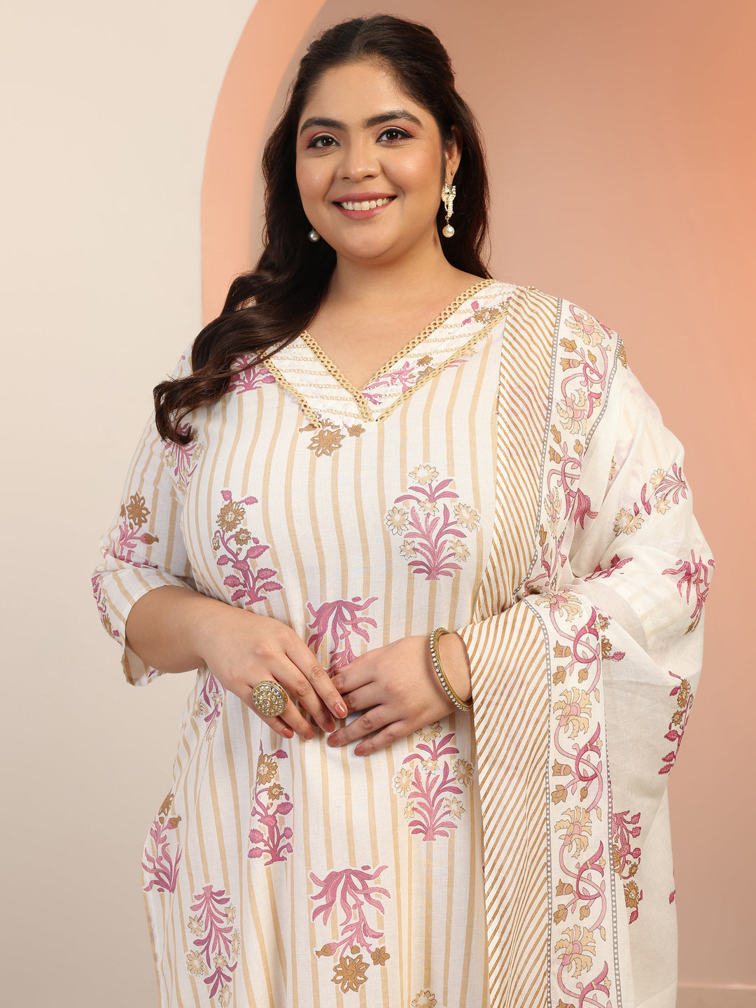 Plus Size Off White Floral Printed Cotton Straight Suit Set With Dupatta