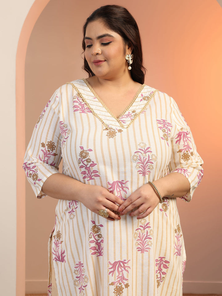 Plus Size Off White Floral Printed Cotton Straight Suit Set With Dupatta