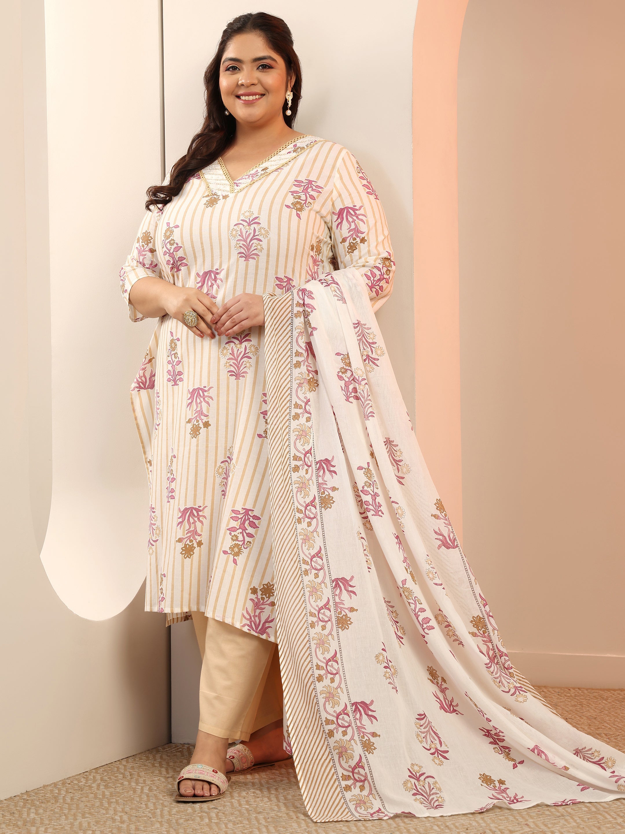 Off White Printed Cotton Straight Suit Set With Dupatta