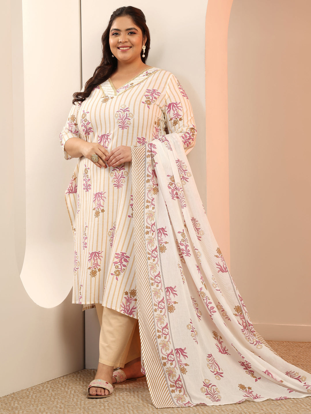 Plus Size Off White Floral Printed Cotton Straight Suit Set With Dupatta