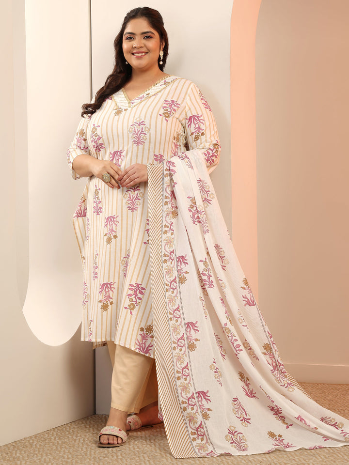 Plus Size Off White Floral Printed Cotton Straight Suit Set With Dupatta