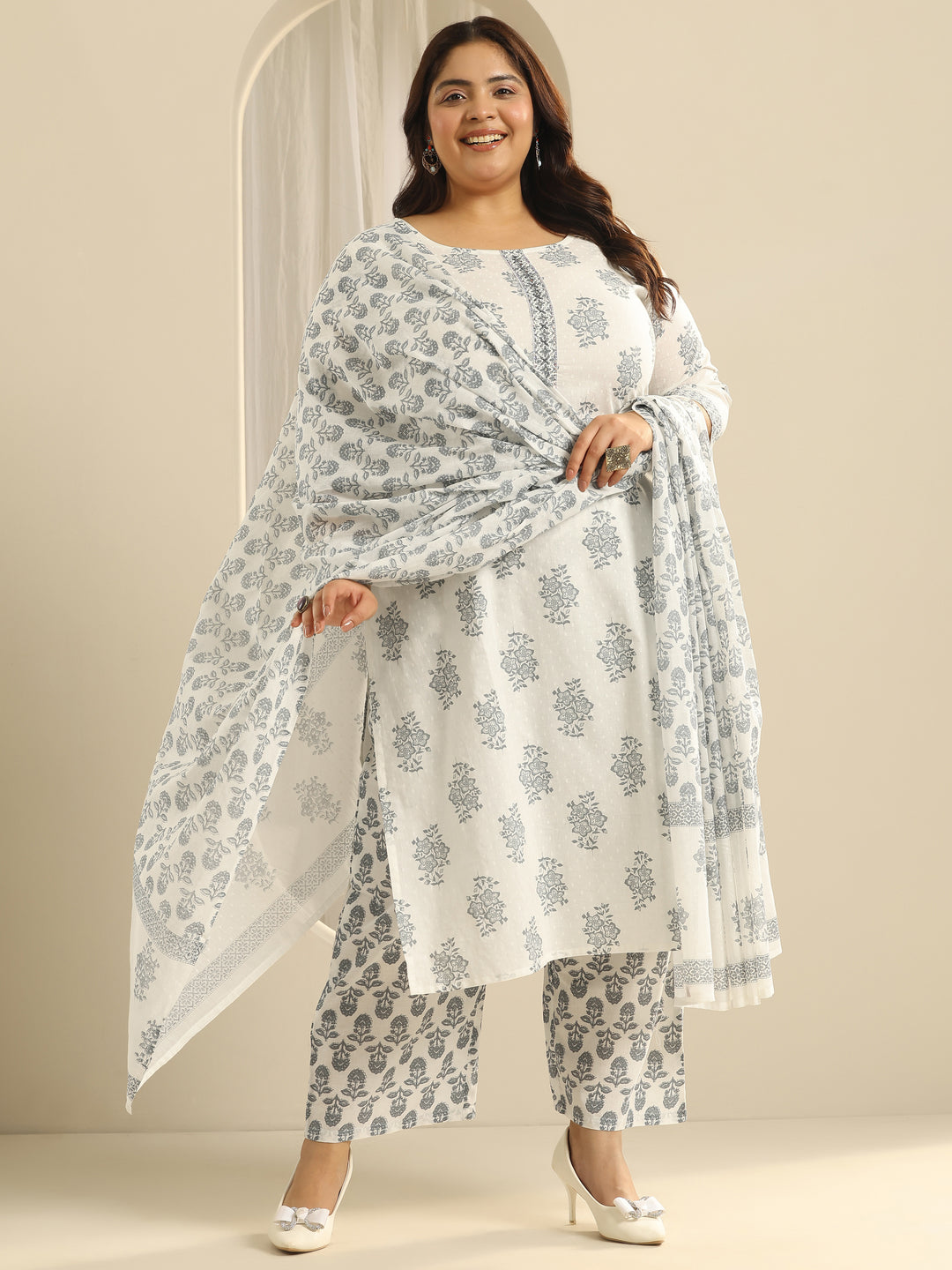 Plus Size Off White Floral Printed Cotton Straight Suit Set With Dupatta