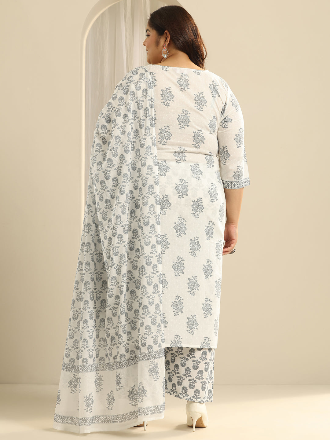 Plus Size Off White Floral Printed Cotton Straight Suit Set With Dupatta
