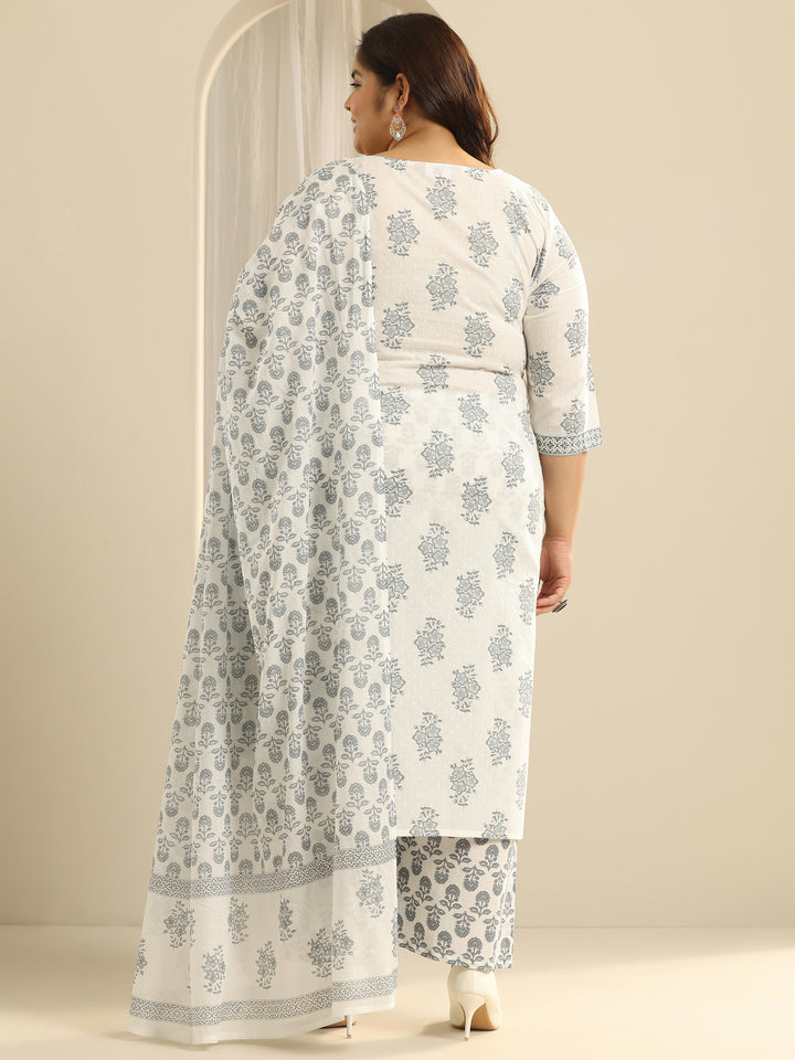 Plus Size Off White Floral Printed Cotton Straight Suit Set With Dupatta