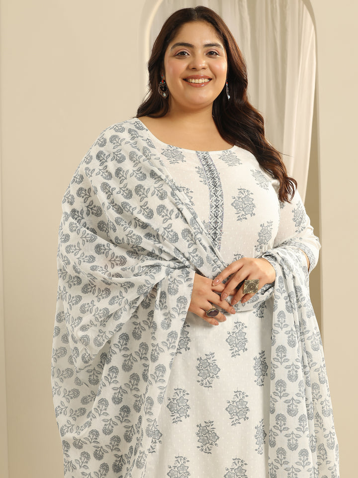Plus Size Off White Floral Printed Cotton Straight Suit Set With Dupatta