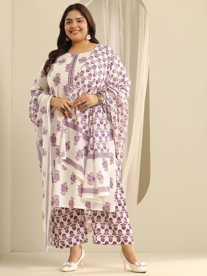 Plus Size Off White Floral Printed Cotton Straight Suit Set With Dupatta