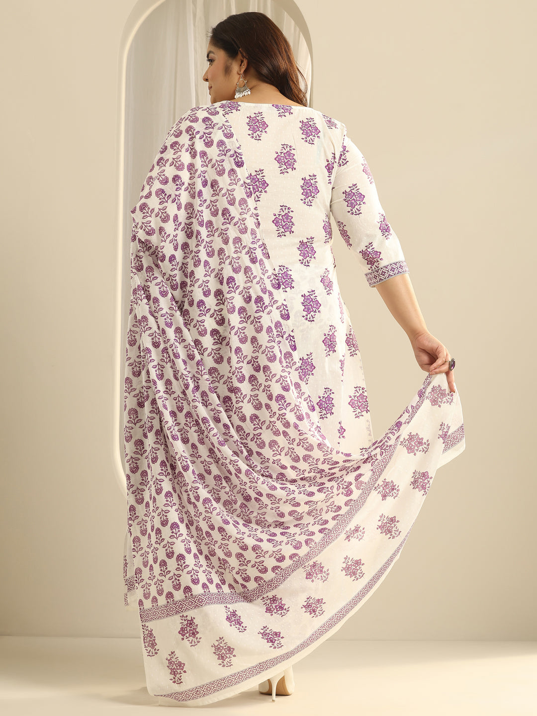Plus Size Off White Floral Printed Cotton Straight Suit Set With Dupatta