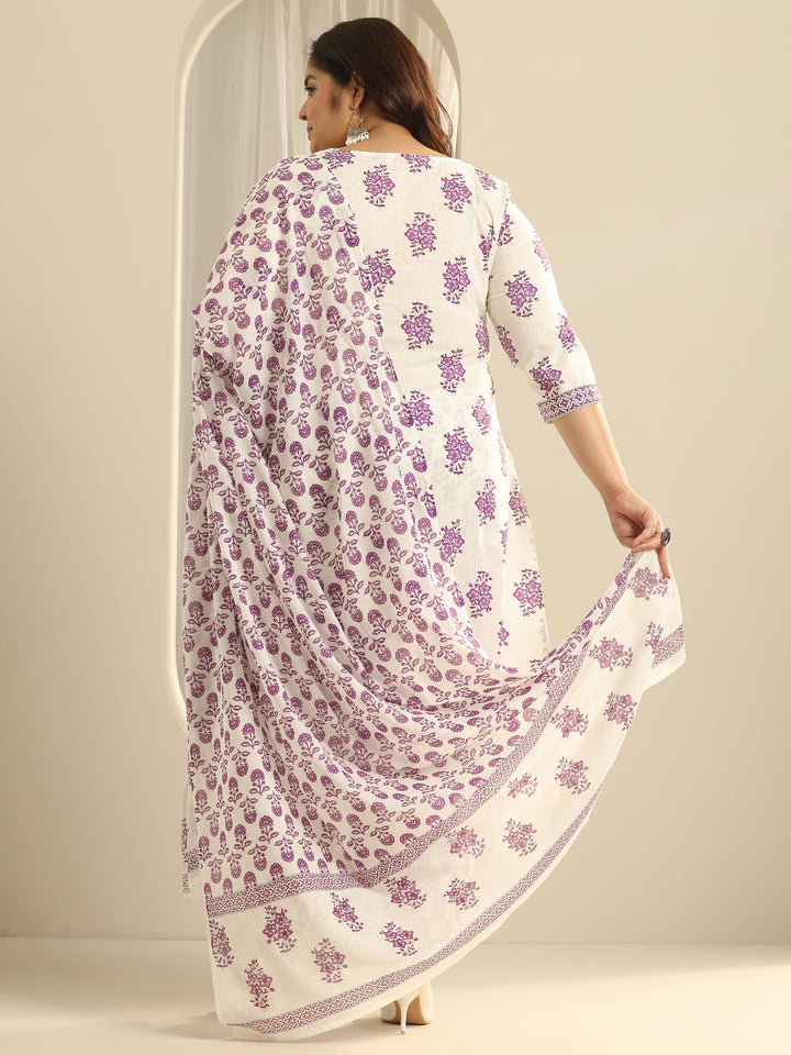 Plus Size Off White Floral Printed Cotton Straight Suit Set With Dupatta