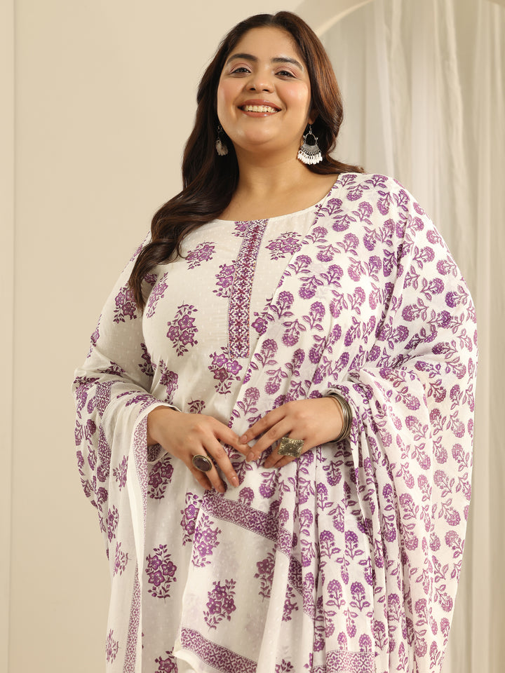 Plus Size Off White Floral Printed Cotton Straight Suit Set With Dupatta