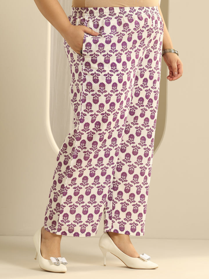 Plus Size Off White Floral Printed Cotton Straight Suit Set With Dupatta