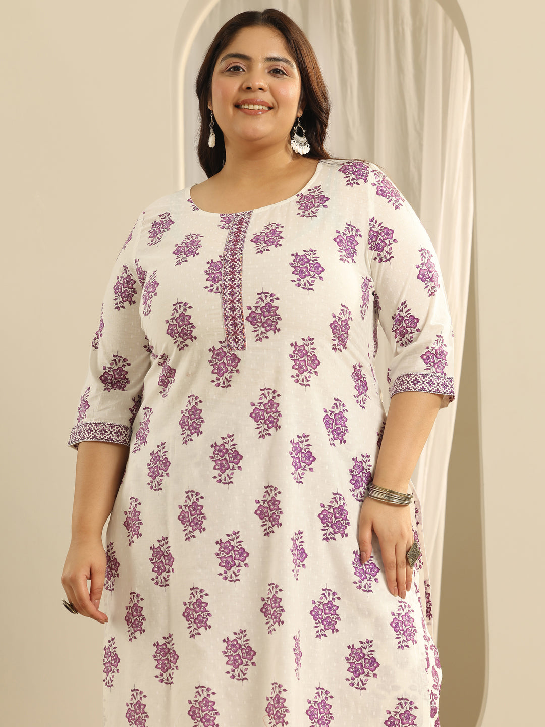 Plus Size Off White Floral Printed Cotton Straight Suit Set With Dupatta
