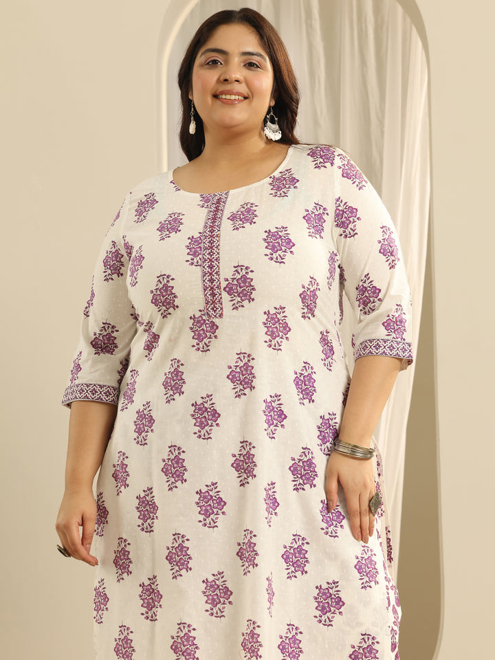 Plus Size Off White Floral Printed Cotton Straight Suit Set With Dupatta
