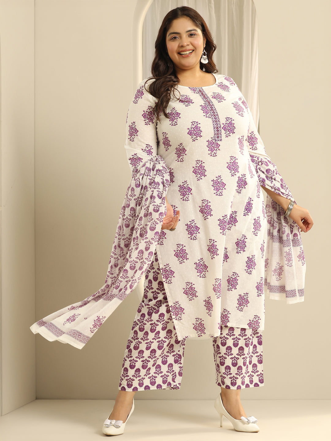 Plus Size Off White Floral Printed Cotton Straight Suit Set With Dupatta