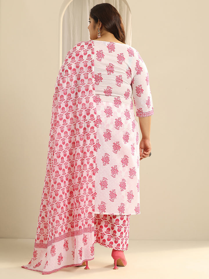 Plus Size Off White Floral Printed Cotton Straight Suit Set With Dupatta