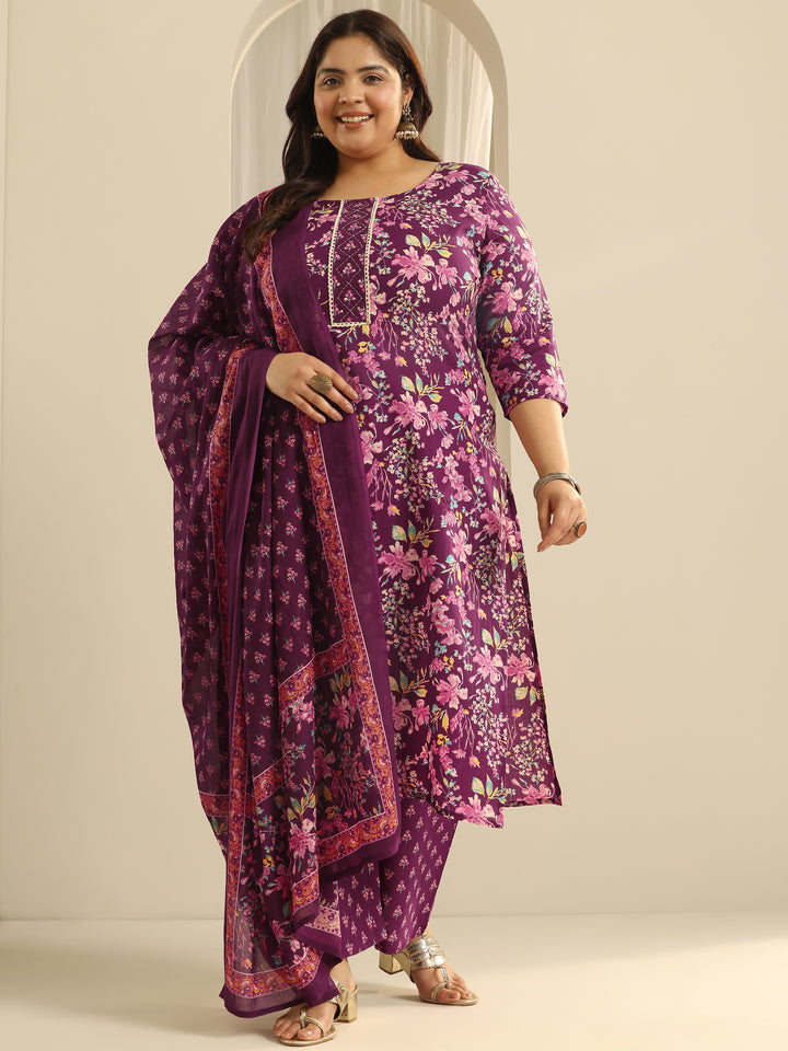 Plus Size Wine Floral Printed Cotton Straight Suit Set With Dupatta