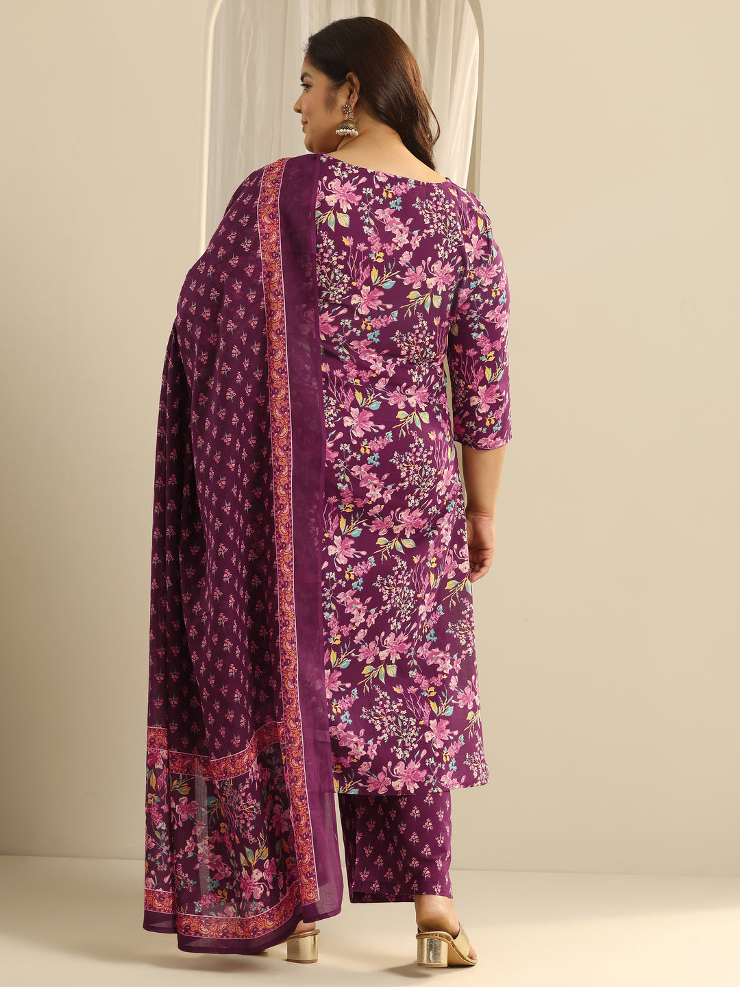 Plus Size Wine Floral Printed Cotton Straight Suit Set With Dupatta