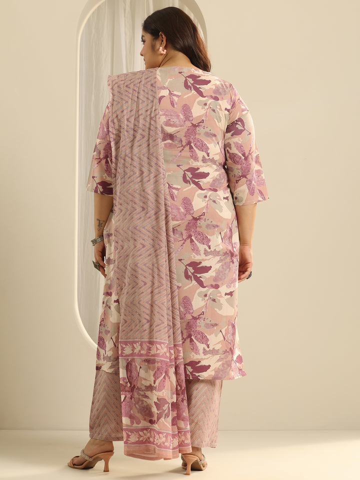 Plus Size Off White Floral Printed Cotton Straight Suit Set With Dupatta