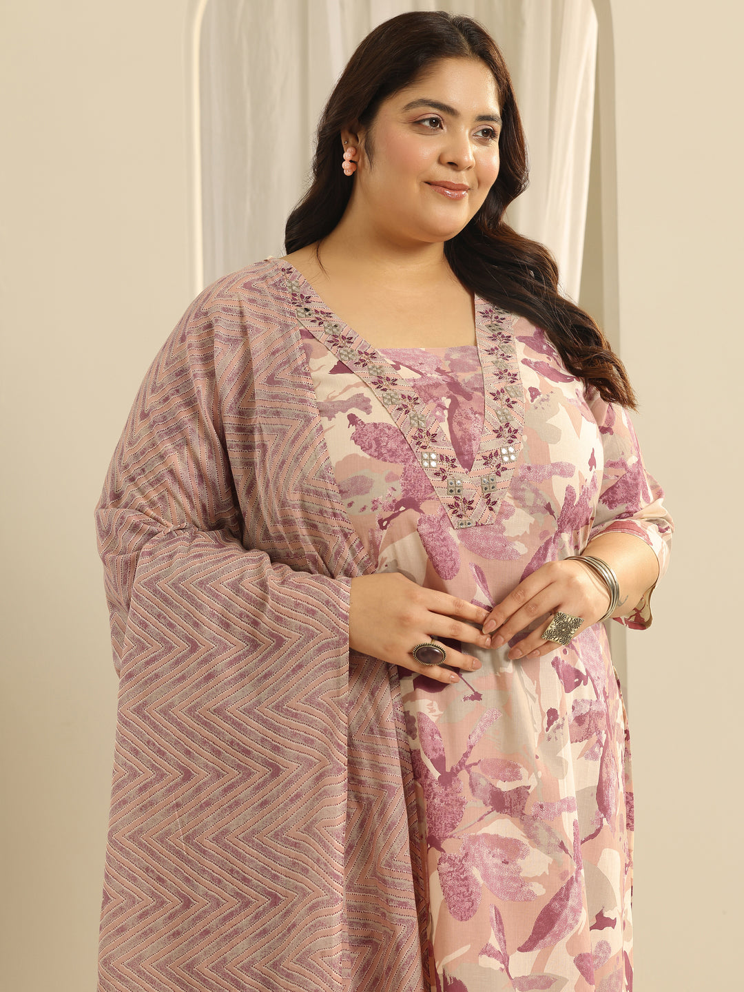 Plus Size Off White Floral Printed Cotton Straight Suit Set With Dupatta