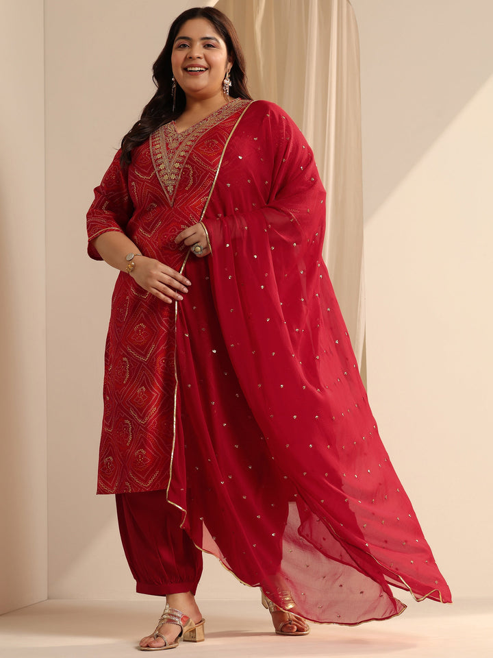 Red Bandhani Printed Silk blend Straight Suit Set With Dupatta