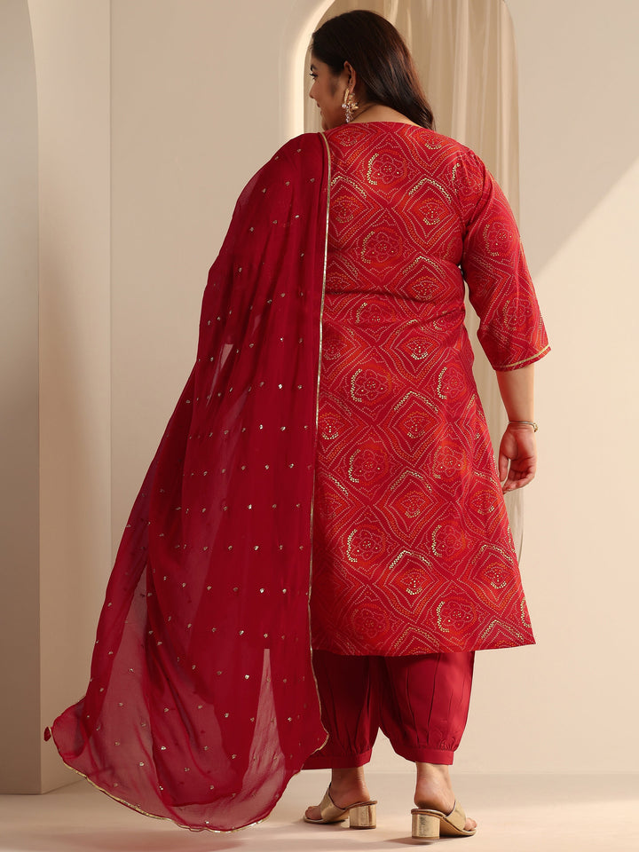 Red Bandhani Printed Silk blend Straight Suit Set With Dupatta