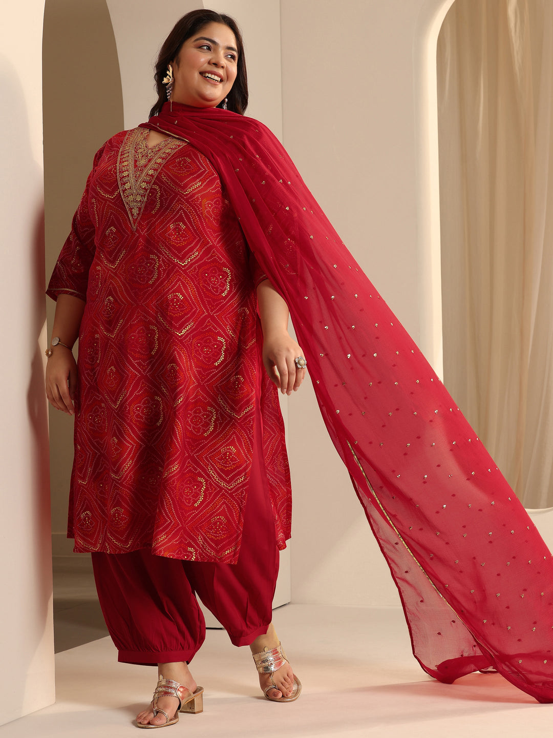 Red Bandhani Printed Silk blend Straight Suit Set With Dupatta